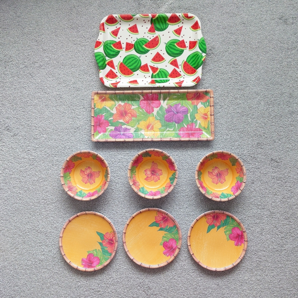 Citrus Grove 7 Pieces Floral Melamine Set + One Watermelon Tray For Free